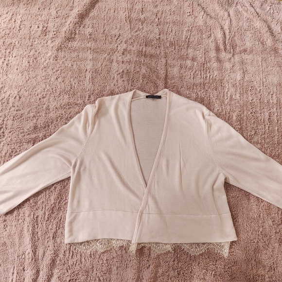 Tommy Hilfiger Women L Open Front Cardigan Pink Scalloped Lace Hem Sweater Boho - Picture 2 of 14